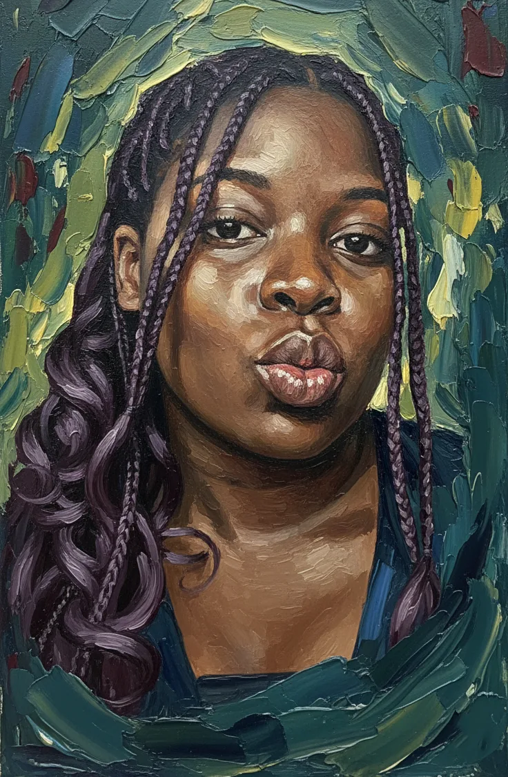 Oil portrait of Jemima with plum braids, painted in thick green and teal brushstrokes